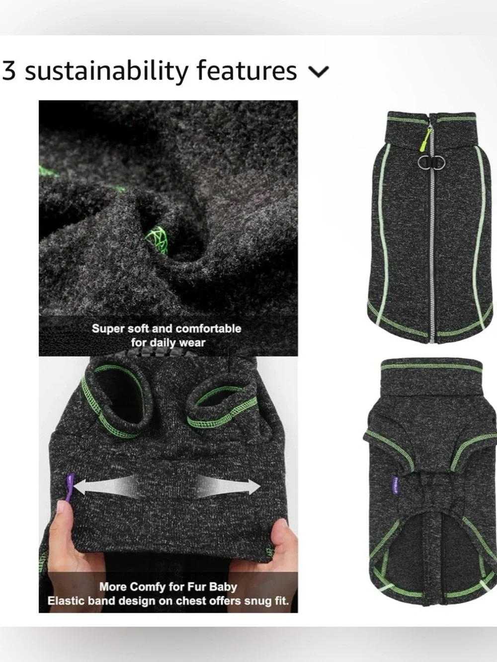 Cyeollo Fleece Reflective Dog Coat - Gray with Green Trim Waterproof Jacket
